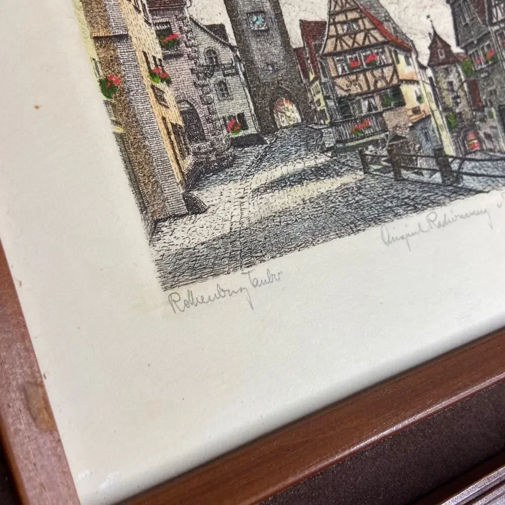 Original Signed GEISSENDORFER Rothenburg Tower Framed Colored Etching